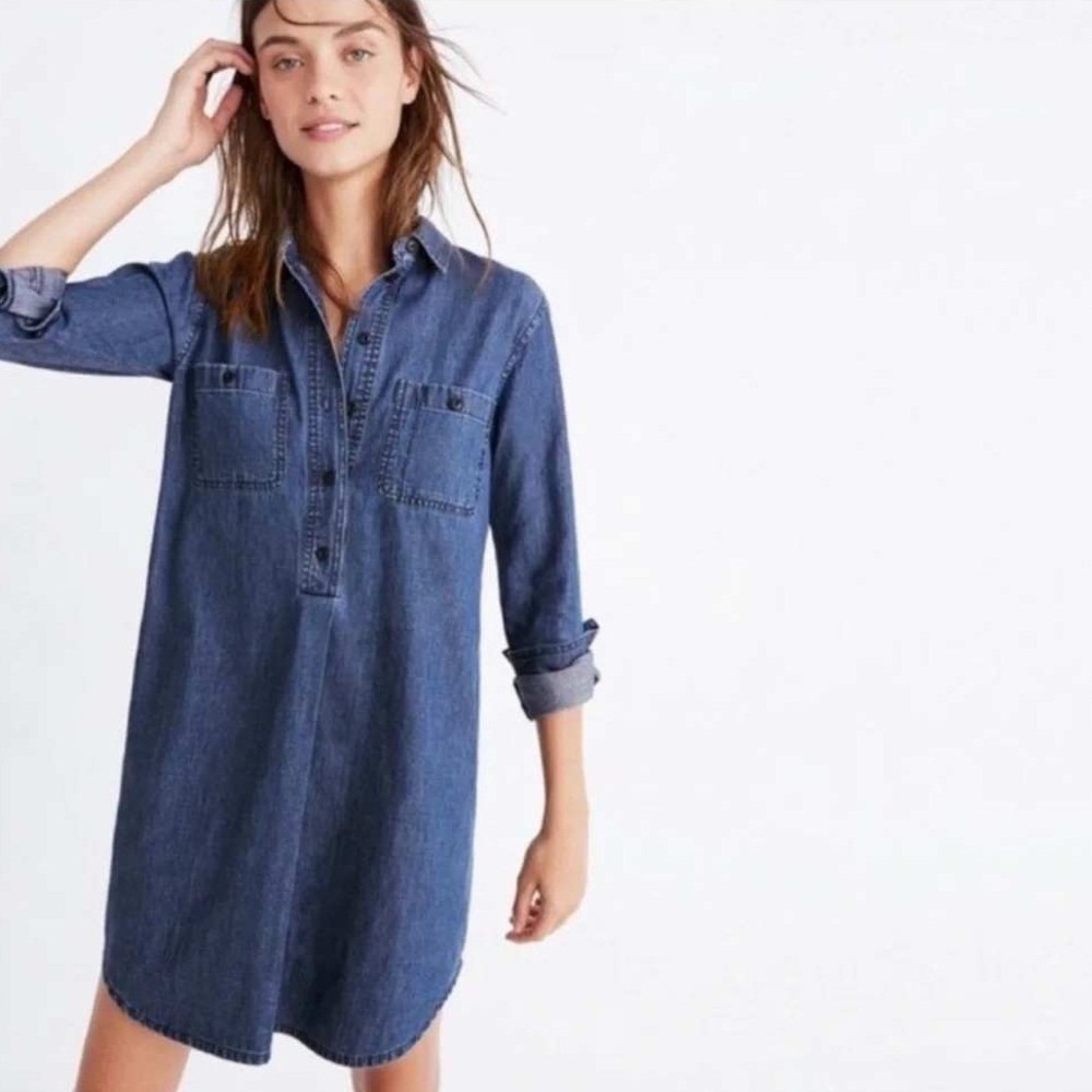 Madewell Denim Popover Shirtdress L Med Blue Ian Wash 100% Cotton Fall Layering